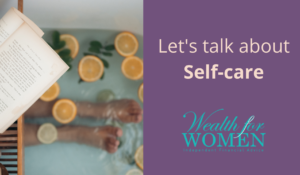 Bubble bath with caption, let's talk about self care